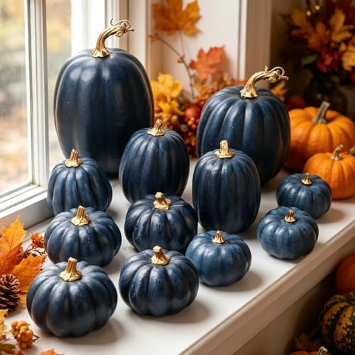 10-Piece Navy Blue Artificial Pumpkins, Assorted Sizes