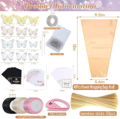 Majreey Floral Wrapping Paper Kit, 80Sheet Waterproof Floral Paper, 3Rolls Ribbon for Flower Bouquet, 2Rolls Transparent Tape,100Pcs Flower Pins, 48Pcs 3D Butterflies, 9Pcs Crowns (Flower-4)