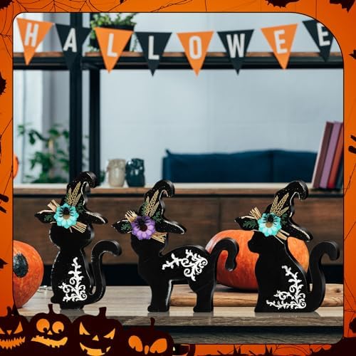 Redbaker 3 Pcs Halloween Wooden Decorations Indoor Black Cat Table Decor