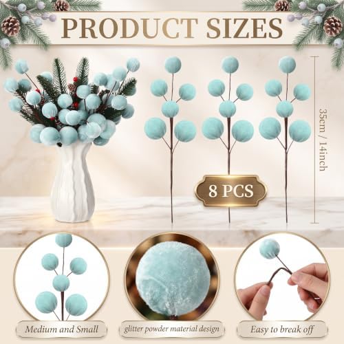 Suncalla 8 Pcs Velvet Christmas Tree Picks, Teal Ornament Stems