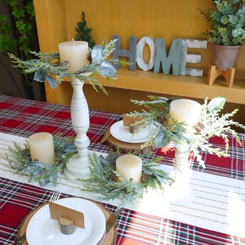 Winlyn 4 Pcs Frosted Artificial Pine Candle Rings Christmas Candle Holder Rings Small Faux Pine Wreaths with Pinecones and Green Leaves 11.8" for Farmhouse Holiday Winter Mantel Kitchen Cabinet Décor