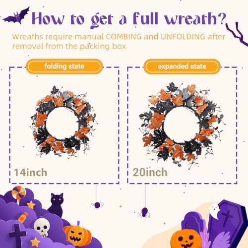 YNYLCHMX 20" Halloween Wreath for Front Door, Golden and Black Maple Leaves