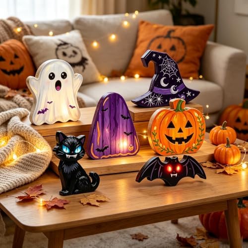Halloween Wood Craft Kit, 6 DIY Paintable Wooden Ornaments for Tabletop
