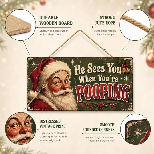 Christmas Decorations - He Sees You When You're Pooping Funny Santa Sign