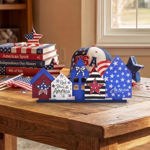 Smile Patriotic Wooden House Tiered Tray Decor Set, 5-Piece "God Bless America" Themed Standing Signs for 4th of July & Memorial Day