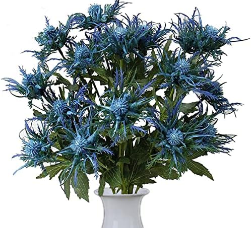 5 Pack Silk Artificial Thistle Flowers Eryngiums Faux Plants for Garden Wedding Prom Party Bouquet Floral Arrangement (Blue)
