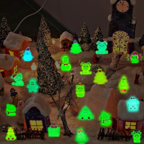 DIYDEC 40PCS Mini Christmas Luminous Figurines 40 Styles Christmas Resin Miniatures Glow in The Dark Tiny Figures to Hide Small Snowman Figures for Party Favors Bag Fillers Garden Dollhouse Decor