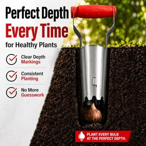 TABOR Tools D123A 3-Piece Bulb Planter Tool Set, Bulb Planter with Depth Marker & Auto Soil Release, Dibber & Transplanter, Garden Hole Digger for Tulip, Daffodil & Flower Bulbs