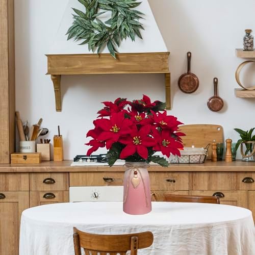 Artificial Poinsettia Christmas Flower Arrangement in Pink Vase, Festive Red Faux Flowers with Heart Charm for Home, Office & Holiday Décor