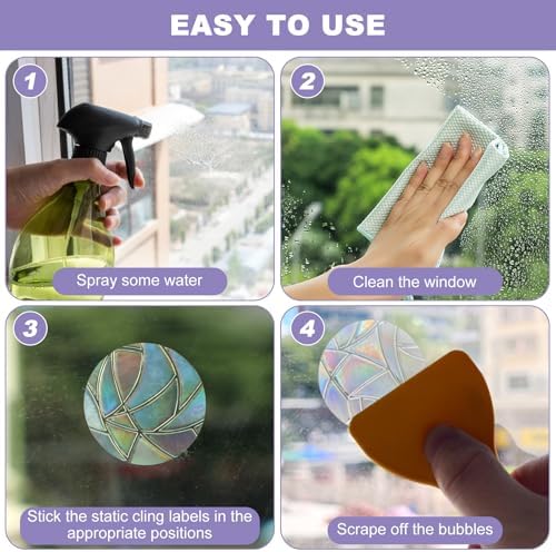 144 Pcs Static Circle Anti-Bird Collision Window Clings, Non Adhesive Prismatic Vinyl Rainbow Suncatcher Stickers, Reusable Window Decals to Prevent Bird Strikes with Scraper
