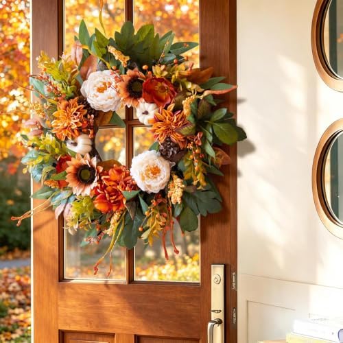 24 Inch Harvest Fall Wreaths for Front Door Outside with Sunflowers,Peony