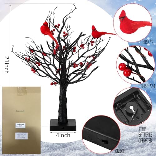 Realspring 2 Pcs Vintage Glowing Tree with Cardinals Christmas Lighted