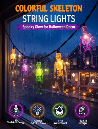Abeja Halloween Skull String Lights Outdoor,Multicolor LED Skeleton Lights