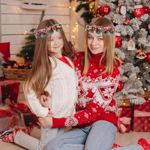 MEMOVAN Christmas Flower Crown Christmas Red Berry Stems Spray Pine Cone Holly Stem Hair Wreath Floral Headpiece Halo Headband Winter Holiday Tiara for Women Girl Xmas Holiday Decoration