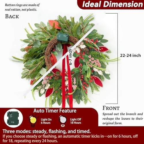 Christmas Wreath with Lights,Outdoor Pre-lit Christmas Wreaths for Front Door-24 Inch Xmas Door Wreath with Pine Needles Pine Cones and Red Berries- Farmhouse Home Christmas Decorations