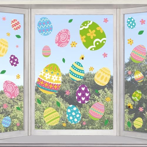 Happy Easter Egg Window Clings 6 Sheets, Green Pink Blue Easter Eggs Window Decals Stickers for Home Classroom Party Decorations Supplies, Reusable Spring Flowers Cling for Windows (Eggs)