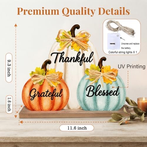 Fall Pumpkin Decor with LED Lights, Wooden Thanksgiving Table Sign "Blessed Grateful Thankful", Rustic Harvest Home Decoration for Living Room Mantle Office Desk Bedroom (Pumpkin)