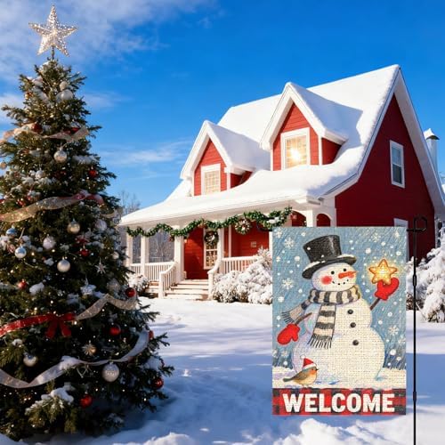 IVN Winter Welcome Snowman Garden Flag Yard Flag for Outside 12 x 18 Inch Double Sided Burlap Blue Hat Star Banner for Patio Lawn Home Outdoor Decoration