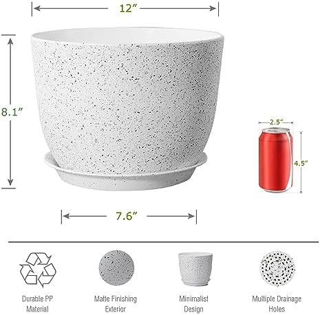 UOUZ 12inch Large Plant Pot, Modern Plastic Planter with High Driange Holes and Saucer for Indoor Outdoor Garden Plants and Flowers, White Speckles