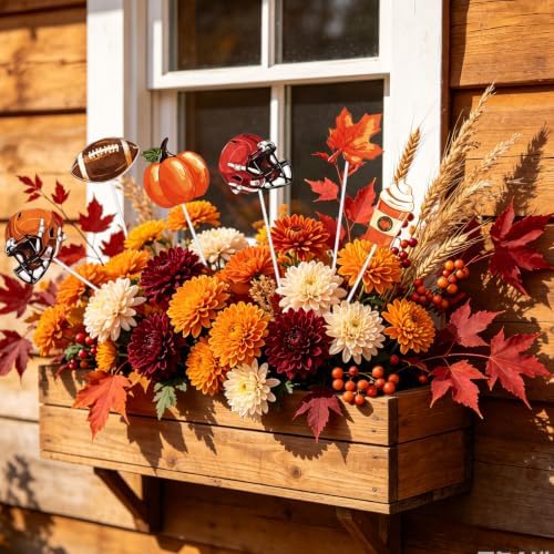Whaline 7Pcs Fall Football Metal Planter Stakes Rugby Helmet Coffee Pumpkin Maple Leaf Garden Stakes Yard Sign for Autumn Thanksgiving Outdoor Lawn Porch Walkway Decor