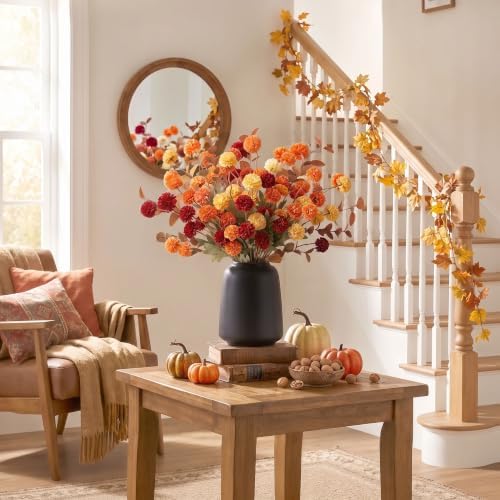 14Pcs Fall Flowers Artificial Fake Silk Pompom Mum with Eucalyptus for Vase