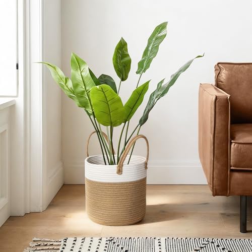Woven Basket for Plant, 11"x11" Planter Basket for 10" Pot, Indoor Boho Artificial Tree Planter, Round 10 inch Flower Pot Cover, Rattan Holder with Handle for Plants, Jute Spliced Cotton Rope