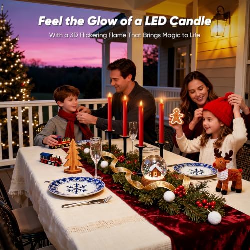 Homemory 6 Pcs Real Wax LED Red Flameless Taper Candles with Remote Timer, 9.6 Inches Fake Candlesticks, Dripless Battery Operated Window Candle with 3D Flickering Flame for Fireplace Xmas Decor