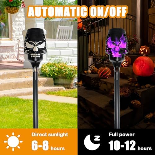 Halloween Solar Skull Stake Lights, Pathway Decor, 8 Pc, Purple