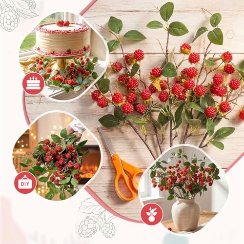 XunYee 10 Pack Light Red Artificial Raspberry Plant Stems 15'' Faux Raspberries Branches Fake Simulated Berry Bouquet Picks for Vase Filler Indoor Home Farmhouse Table Centerpieces Decor