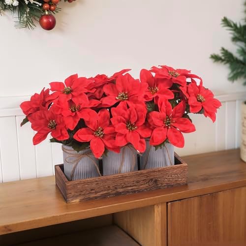 Poinsettia Flowers Artificial Christmas Decorations – 3 Pack Red Poinsettias in Galvanized Metal Pots with Wooden Box, Christmas Centerpiece Table Decorations for Home, Gifts & Office Party