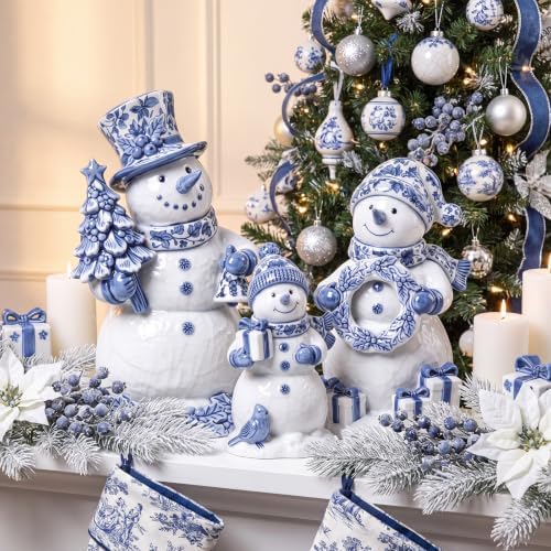 Suzile 3 Pcs Chinoiserie Snowman Decor, Wooden Winter Tiered Figurines