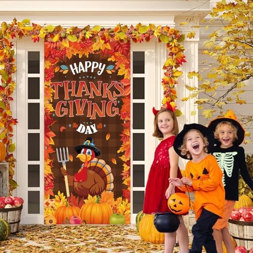 Happy Thanksgiving Door Banner Porch Sign, Fall Harvest Turkey Pumpkin Door Cover Banner, Thanksgiving Indoor Outdoor Party Decorations