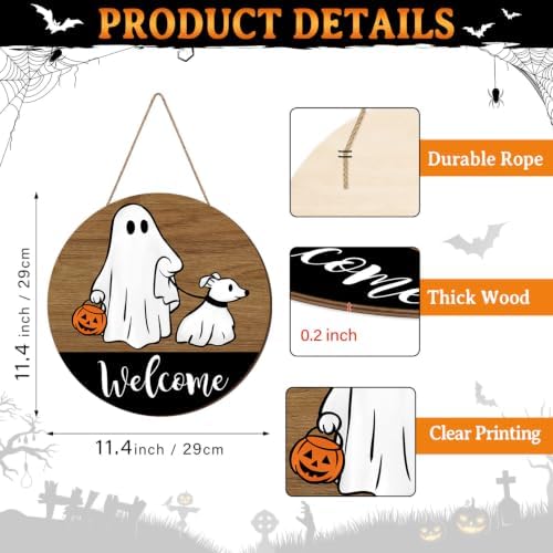 Halloween Ghost Walking Dog Door Sign Decorations Round Welcome Wood Wreath