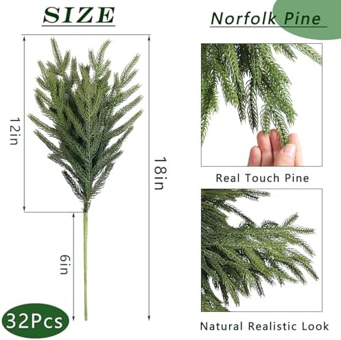 32Pcs 18"Lifelike Touch Artificial Norfolk Pine Branches for Vase Christmas
