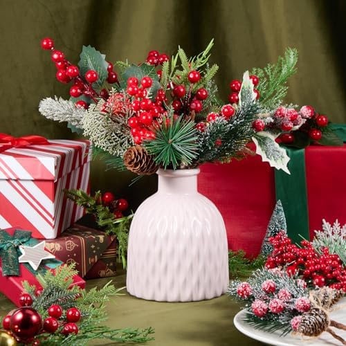 WILLBOND 24 Pcs Artificial Christmas Tree Picks Red Berry Pine Picks Spray Berry Branches Poinsettia Holly Pine Flower Pick Berries Pinecones for Christmas Crafts Party Festive Home Decor (Novel)