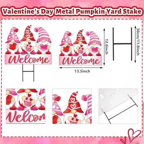 JarThenaAMCS Valentine's Day Metal Garden Stakes Red Pink Heart Gnome Yard Stake Decorative Welcome Lawn Sign for Wedding Anniversary Home Outside Lawn Porch Decor