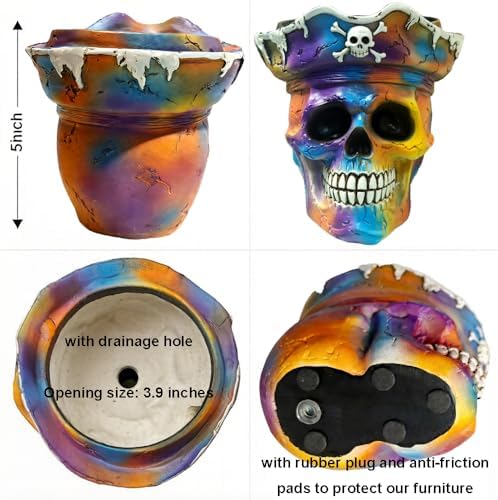 Funky Iridescent Skull Planter, Rainbow Pirate Skeleton Flower Pot for Plant Lover Gift, Small Decorative Psychedelic Figurine for Trippy Room Shelf Desk Boho/ Pop Art/ Streetwear/ Dark Academia Decor