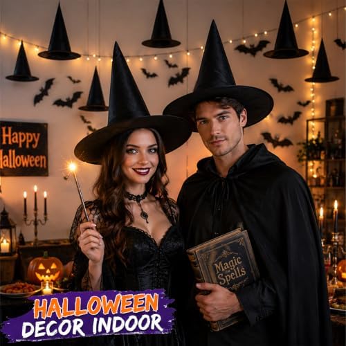 Tepoobea Halloween Decorations Black Witch Hats, 8 Pack Hanging Witches Hats & 32Pcs 3D Bats Halloween Decorations Outdoor Indoor