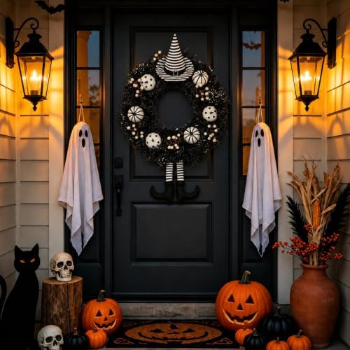 26" Halloween Wreaths for Front Door with Hat, Legs, Pumpkins