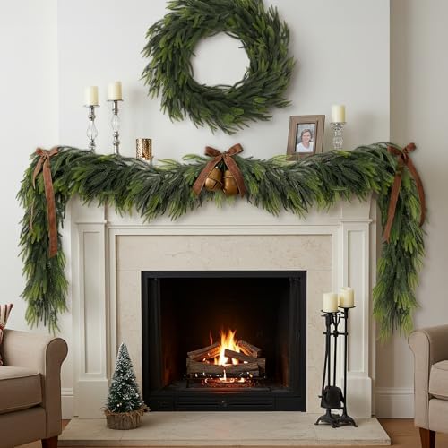 N&T NIETING 2 PCS Christmas Garland Norfolk Pine Garland Real Touch Faux Christmas Greenery Xmas Garland for Mantle, Table Holiday Winter Indoor Outdoor Christmas Decorations (9 FT)