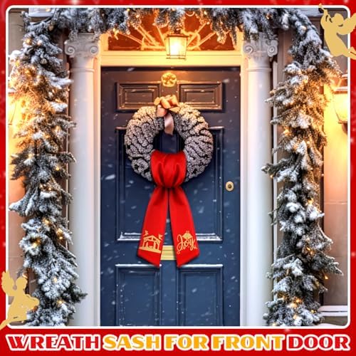 Christmas Wreath Sash Front Door Red Gold Nativity Satin Bow