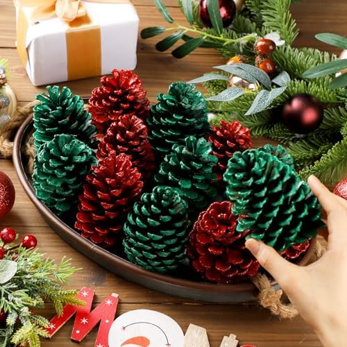 Janinka 24 Pcs 4 Inch Green Red Christmas Glitter Pine Cones Ornaments