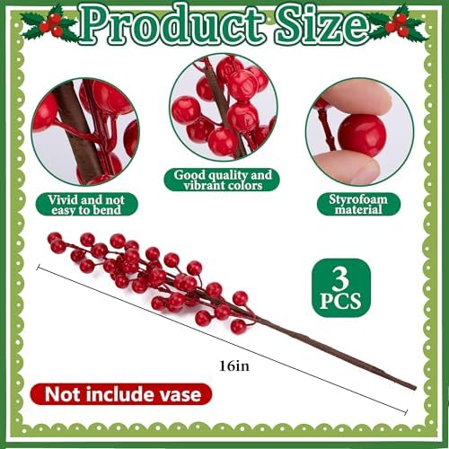 15 Pcs Christmas Norfolk Pine Branches Red Berry Stem Faux Christmas Sprigs
