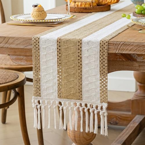 FEXIA Boho Table Runner with Tassels Brown for Fall Home Decor 12x72 Inch