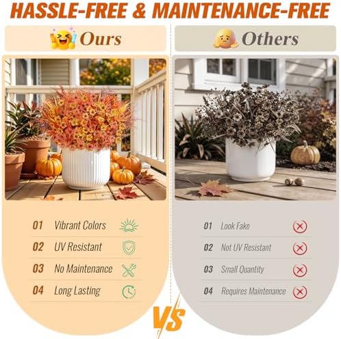 Alupssuc 48 Bundles UV Resistant Artificial Fall Flowers for Outdoors Decor