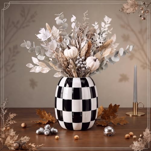Beeveer 6.7'' Ceramic Pumpkin Vase Black and White Checkered Utensil Holder