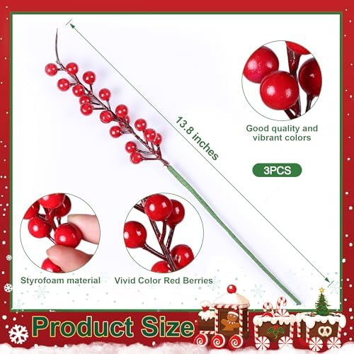 HyeFlora 17 PCS Christmas Norfolk Pine Stems with Small Pinecones and Red Berries Branches,19 Inch Real Touch Artificial DIY Greenery Pine Needles, Faux Cedar Pines Picks for Wreath Garland Xmas Décor