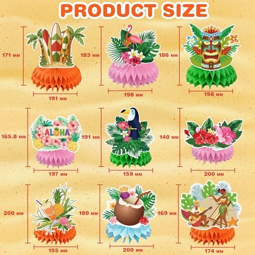 Luau Party Decorations - 9 PCS Hawaiian Honeycomb Table Centerpiece for Tiki and Love Island Hawaiian Theme Party Favors Supplies | Tropical Party Decorations for Summer Beach Pool Birthday Wedding