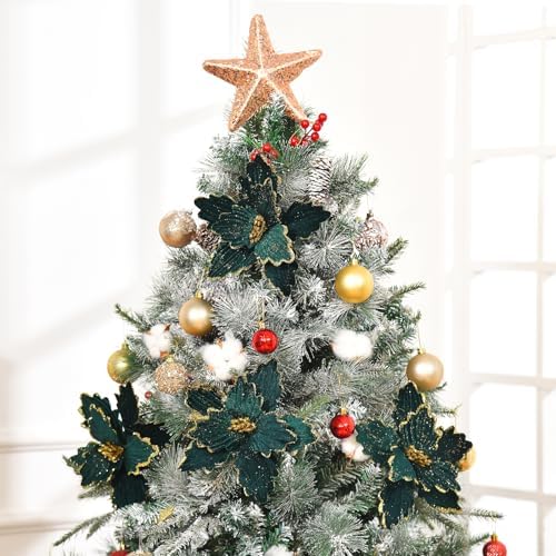 10 PCS Glitter Poinsettias, 8.7" Artificial Christmas Flowers, Dark Green