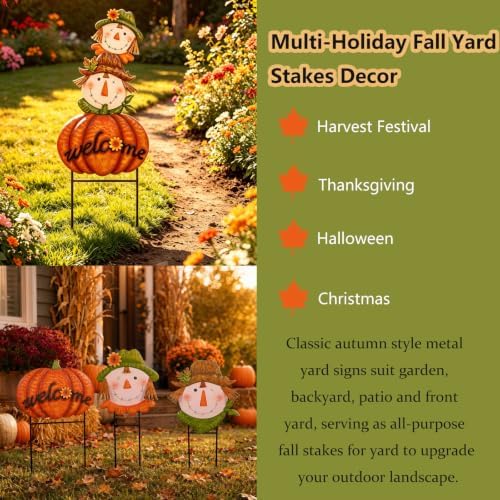 3 pcs Metal Fall Garden Stakes, Scarecrow & Pumpkin Fall Outdoor Decor